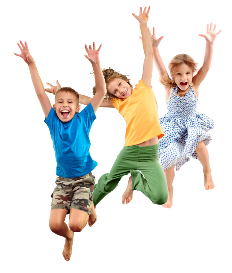 Group of happy cheerful sportive barefoot children kids boy and girls jumping and dancing. Kids group portrait isolated over white background. Childhood, freedom, happiness, dance, movement, action, activity , active sport lifestyle concept.